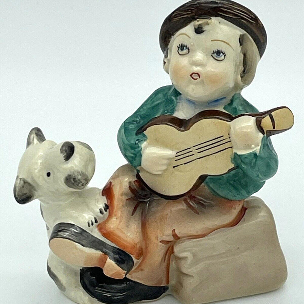 Boy Playing Guitar with Dog Porcelain 5" Figurine Japan Vintage